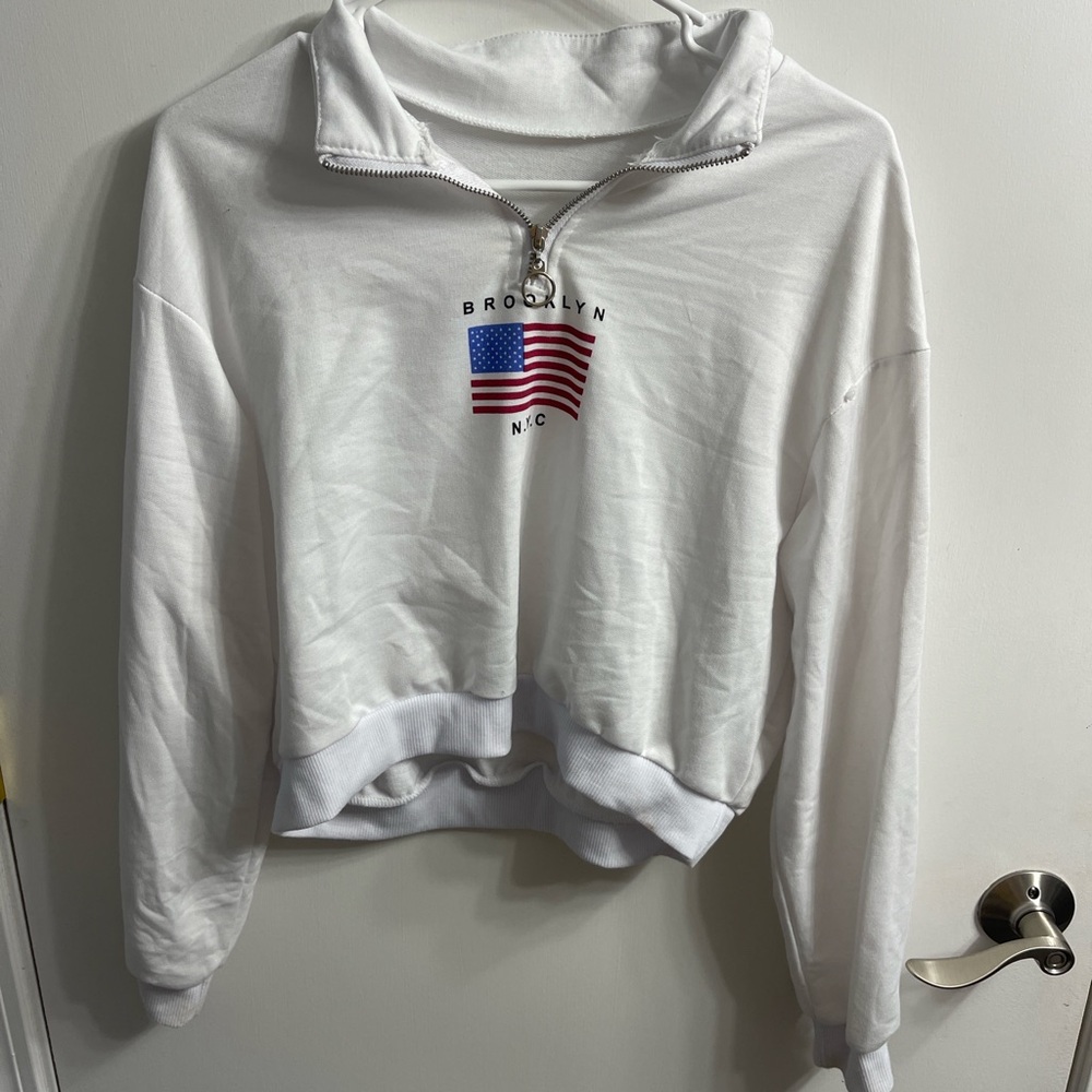 White Quarter-Zip Sweatshirt with Flag Design